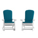 White/Teal |#| Indoor/Outdoor White Rocking Adirondack Chairs with Teal Cushions - Set of 2