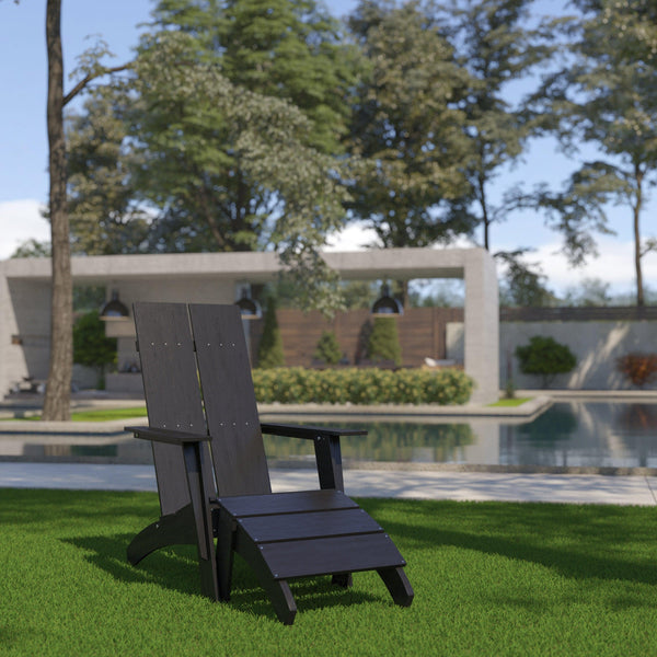 Black |#| Indoor/Outdoor Modern 2-Slat Adirondack Style Chair and Footrest in Black