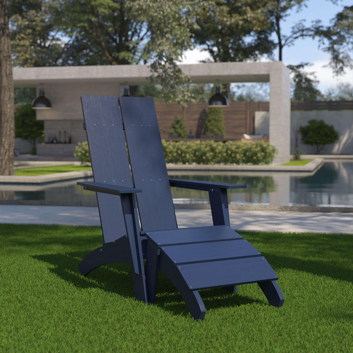 Navy |#| Indoor/Outdoor Modern 2-Slat Adirondack Style Chair and Footrest in Navy Blue