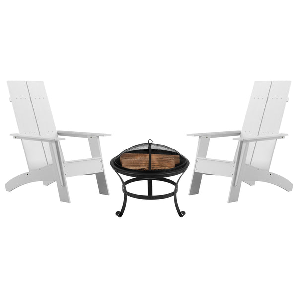 White |#| Set of 2 White Dual Slat Poly Resin Adirondack Chairs-22inch Round Fire Pit