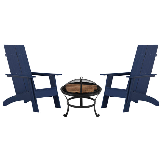 Sawyer Set of 2 Modern All-Weather 2-Slat Poly Resin Adirondack Chairs with 22" Round Wood Burning Fire Pit