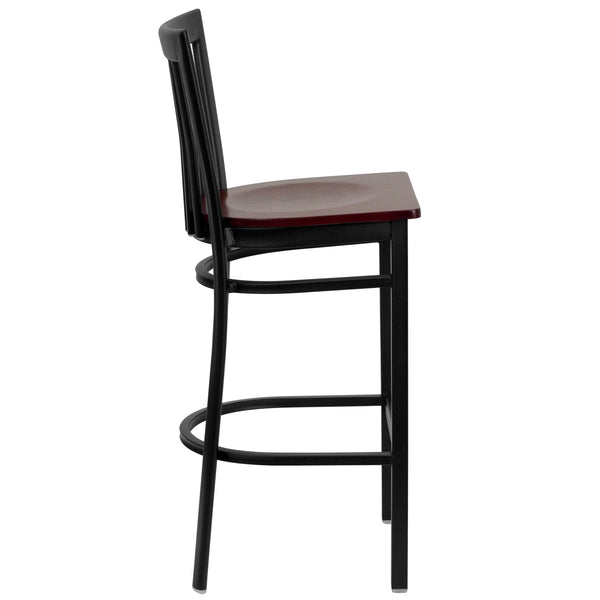 Mahogany Wood Seat/Black Metal Frame |#| Black School House Back Metal Restaurant Barstool - Mahogany Wood Seat