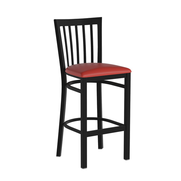 Cherry Wood Seat/Black Metal Frame |#| Black School House Back Metal Restaurant Barstool - Cherry Wood Seat