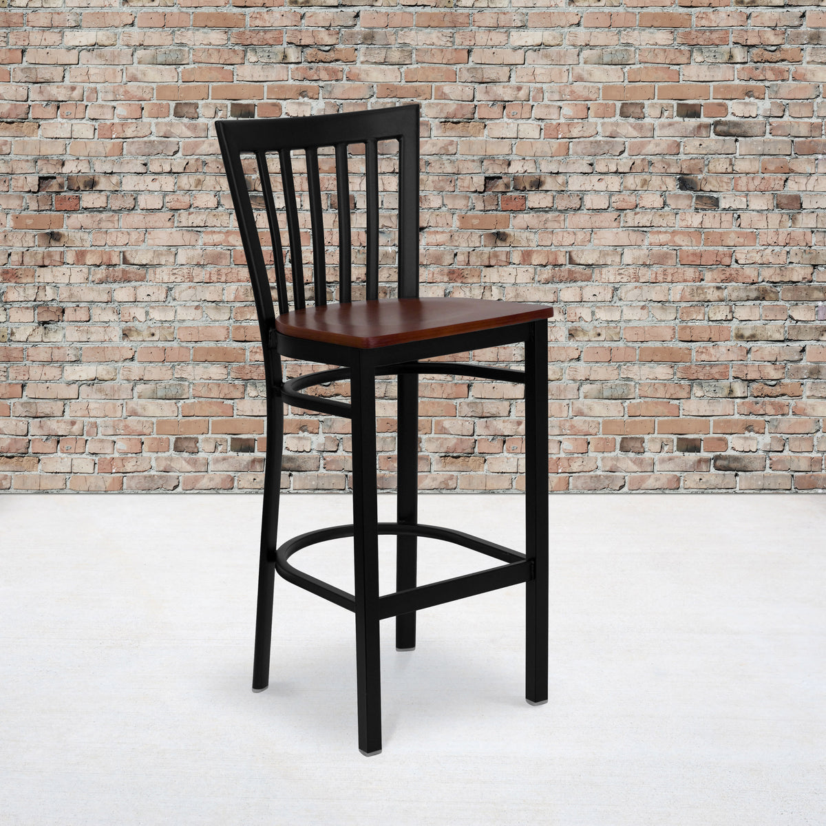 Cherry Wood Seat/Black Metal Frame |#| Black School House Back Metal Restaurant Barstool - Cherry Wood Seat