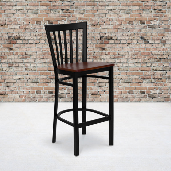 Cherry Wood Seat/Black Metal Frame |#| Black School House Back Metal Restaurant Barstool - Cherry Wood Seat