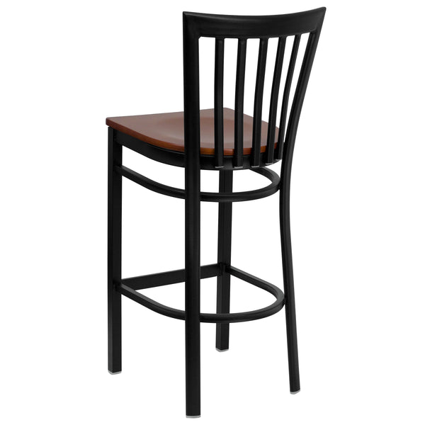 Cherry Wood Seat/Black Metal Frame |#| Black School House Back Metal Restaurant Barstool - Cherry Wood Seat