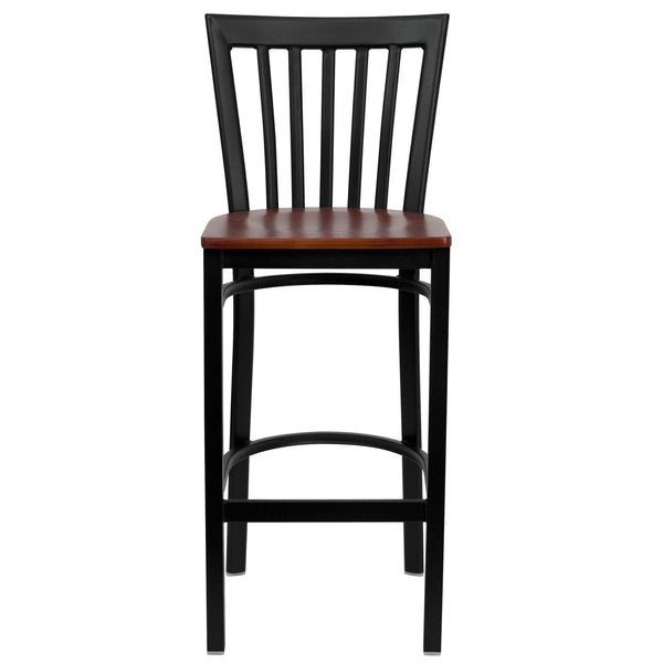 Cherry Wood Seat/Black Metal Frame |#| Black School House Back Metal Restaurant Barstool - Cherry Wood Seat
