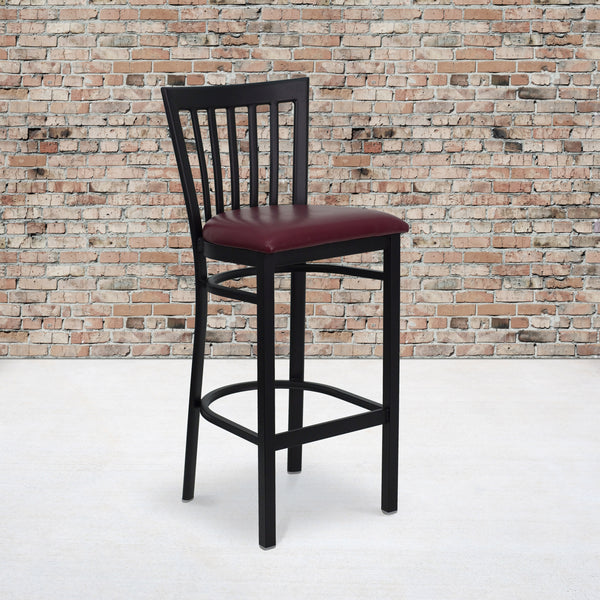 Burgundy Vinyl Seat/Black Metal Frame |#| Black School House Back Metal Restaurant Barstool - Burgundy Vinyl Seat