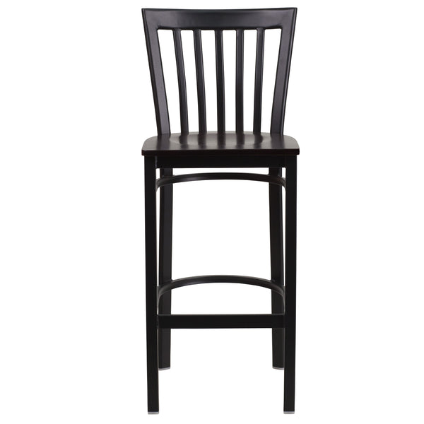 Walnut Wood Seat/Black Metal Frame |#| Black School House Back Metal Restaurant Barstool - Walnut Wood Seat