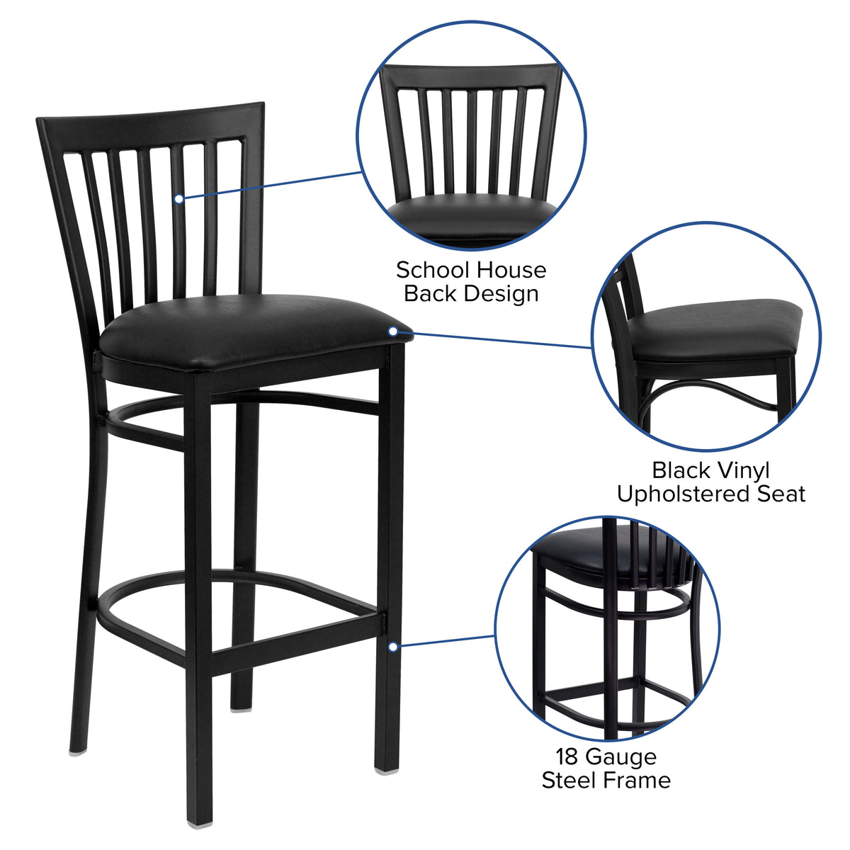 Black Vinyl Seat/Black Metal Frame |#| Black School House Back Metal Restaurant Barstool - Black Vinyl Seat