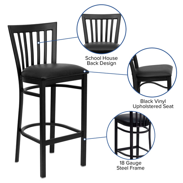 Black Vinyl Seat/Black Metal Frame |#| Black School House Back Metal Restaurant Barstool - Black Vinyl Seat