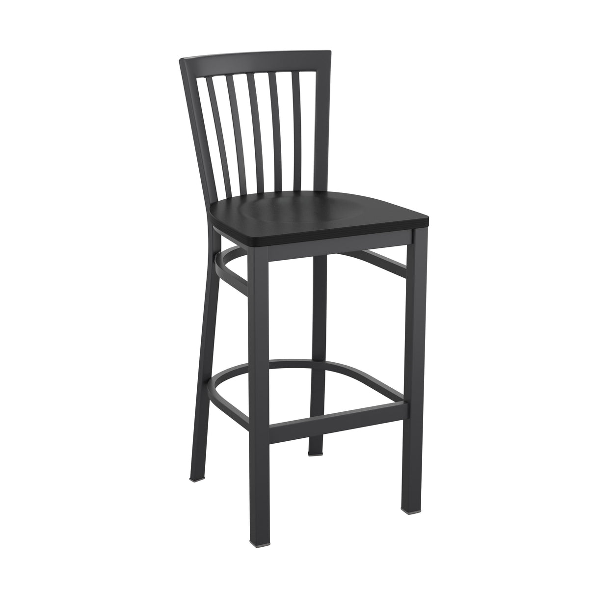 Black Wood Seat/Black Metal Frame |#| Black School House Back Metal Restaurant Barstool - Black Wood Seat