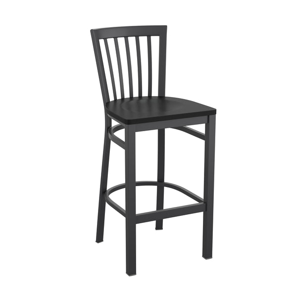 Black Wood Seat/Black Metal Frame |#| Black School House Back Metal Restaurant Barstool - Black Wood Seat