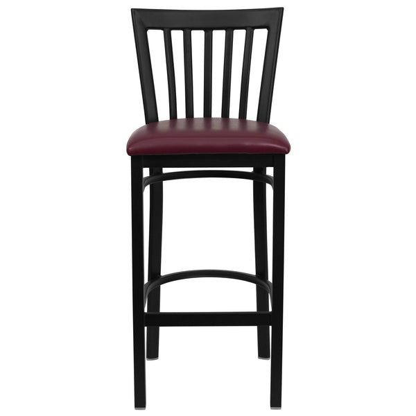 Burgundy Vinyl Seat/Black Metal Frame |#| Black School House Back Metal Restaurant Barstool - Burgundy Vinyl Seat
