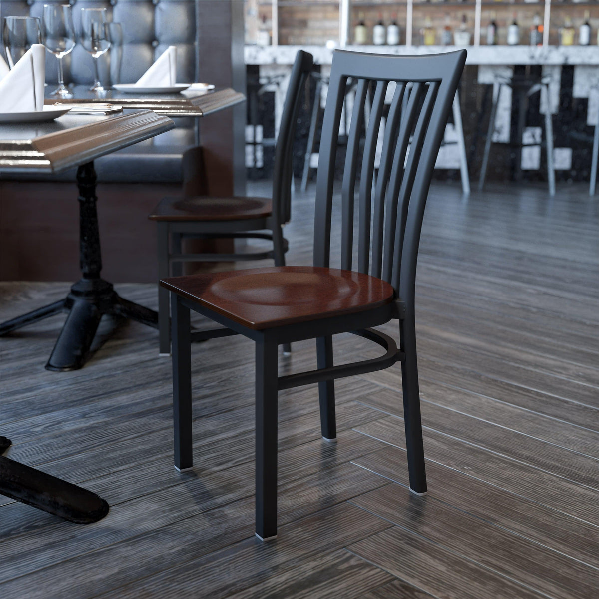 Walnut Wood Seat/Black Metal Frame |#| Black School House Back Metal Restaurant Chair - Walnut Wood Seat