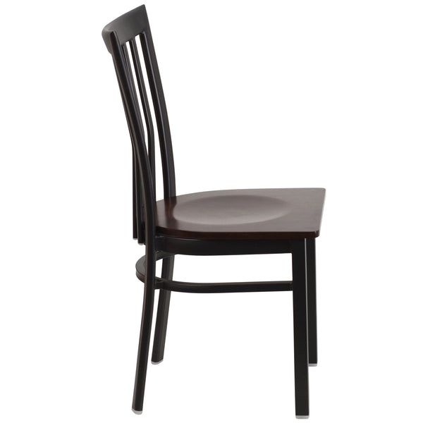 Walnut Wood Seat/Black Metal Frame |#| Black School House Back Metal Restaurant Chair - Walnut Wood Seat