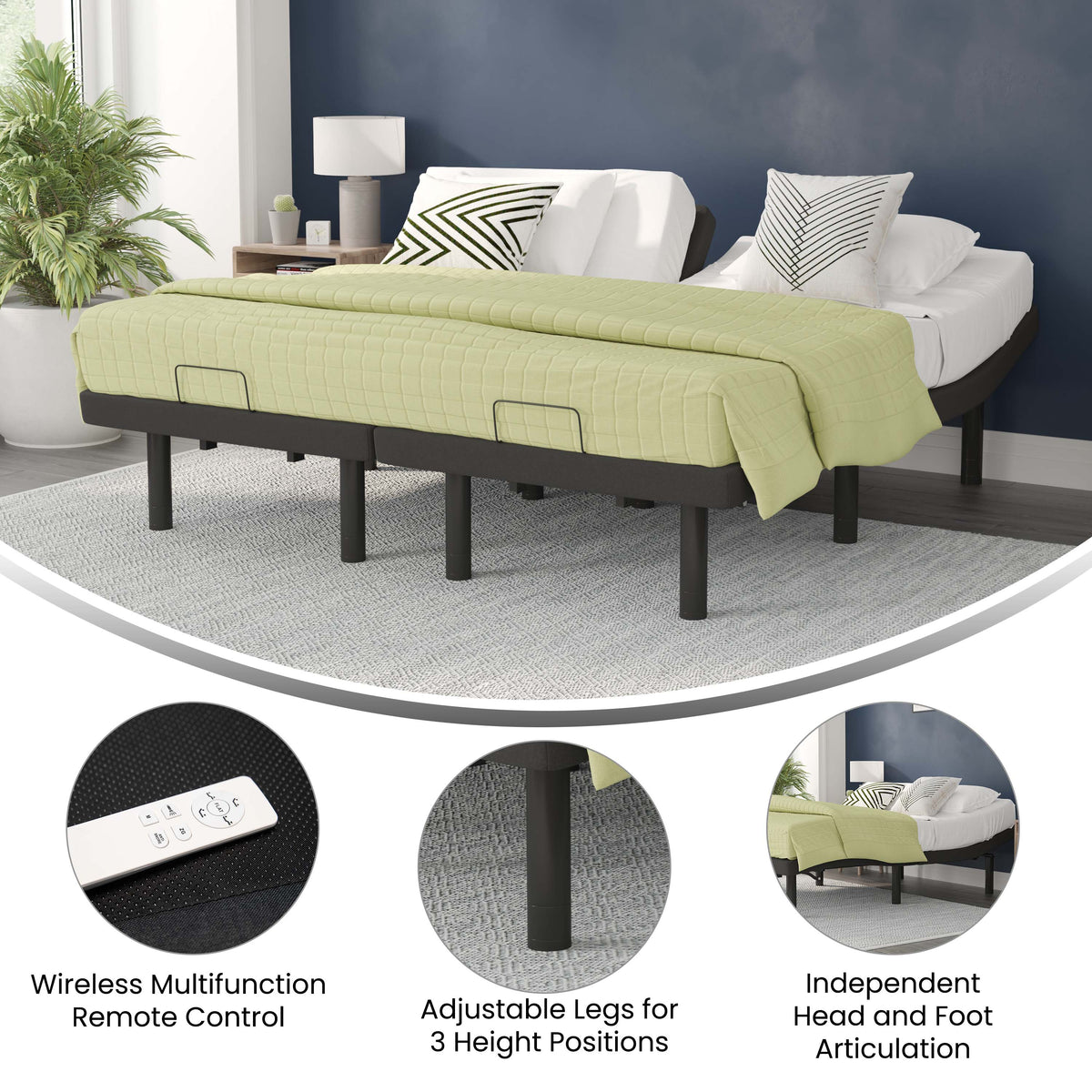 Split King |#| Anti-skid Black Upholstered Adjustable Bed Base with Wireless Remote-Split King