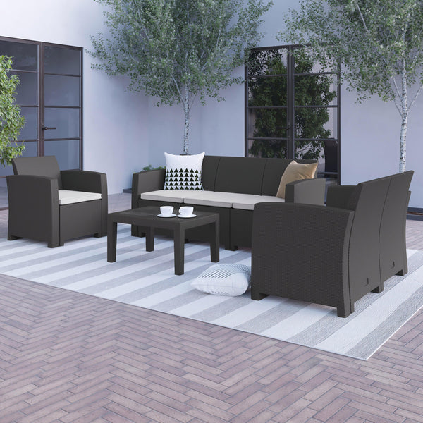 Dark Gray |#| 4 Piece Outdoor Faux Rattan Chair, Loveseat, Sofa and Table Set in Dark Gray