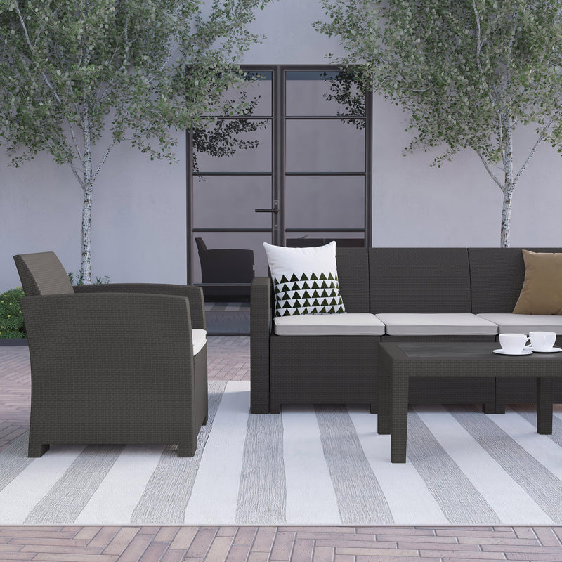 Dark Gray |#| 4 Piece Outdoor Faux Rattan Chair, Loveseat, Sofa and Table Set in Dark Gray