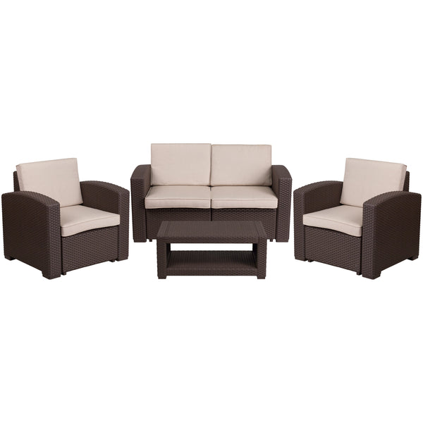 4 Piece Outdoor Faux Rattan Chair, Loveseat and Table Set in Chocolate Brown