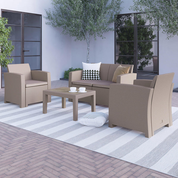 Light Gray |#| 4 Piece Outdoor Faux Rattan Chair, Loveseat and Table Set in Light Gray