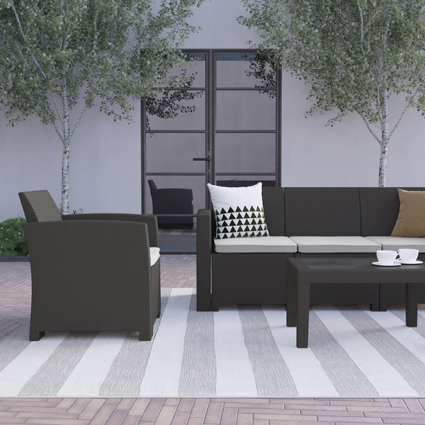 Dark Gray |#| 4 Piece Outdoor Faux Rattan Chair, Sofa and Table Set in Dark Gray