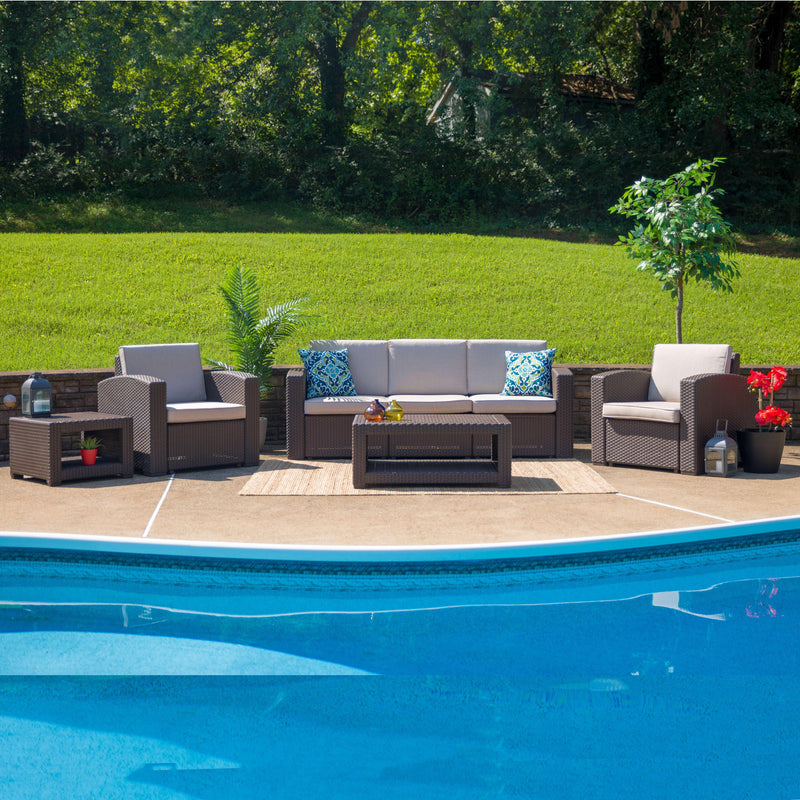 5 Piece Outdoor Faux Rattan Chair, Sofa and Table Set in Chocolate Brown