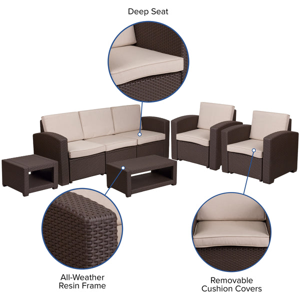 5 Piece Outdoor Faux Rattan Chair, Sofa and Table Set in Chocolate Brown