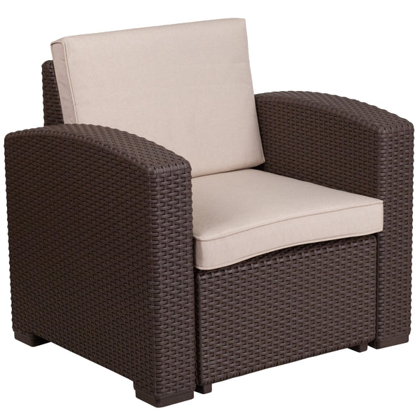 Chocolate Brown |#| Chocolate Brown Faux Rattan Chair with All-Weather Beige Cushion