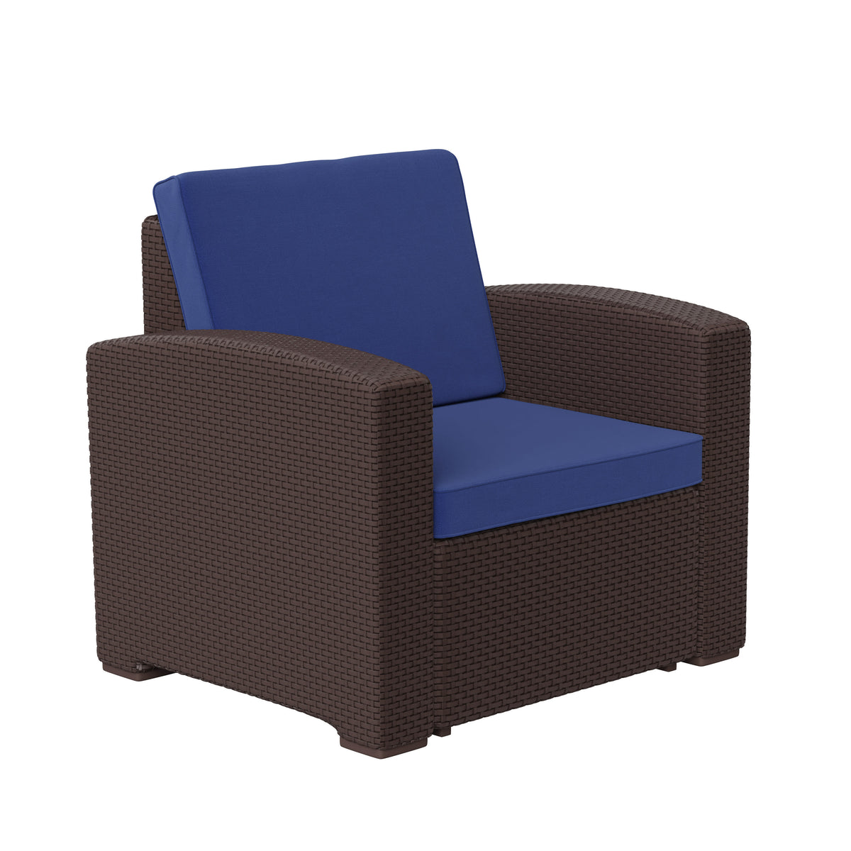 Brown/Navy |#| Chocolate Brown Faux Rattan Chair with All-Weather Navy Cushion