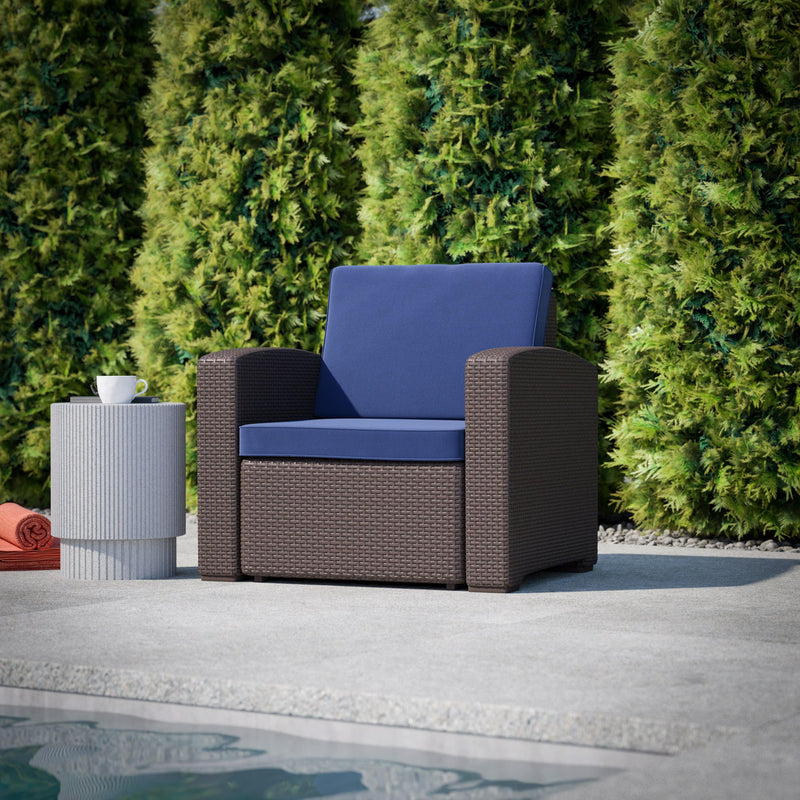 Brown/Navy |#| Chocolate Brown Faux Rattan Chair with All-Weather Navy Cushion
