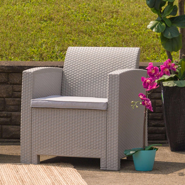 Light Gray |#| Light Gray Faux Rattan Chair with All-Weather Light Gray Cushion - Patio Chair