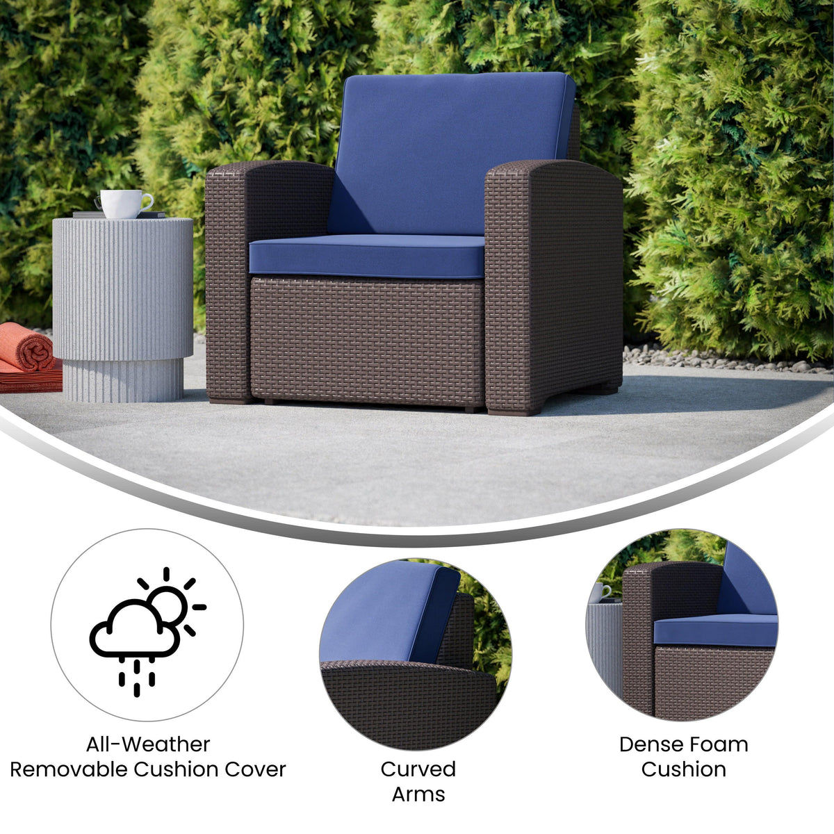 Brown/Navy |#| Chocolate Brown Faux Rattan Chair with All-Weather Navy Cushion