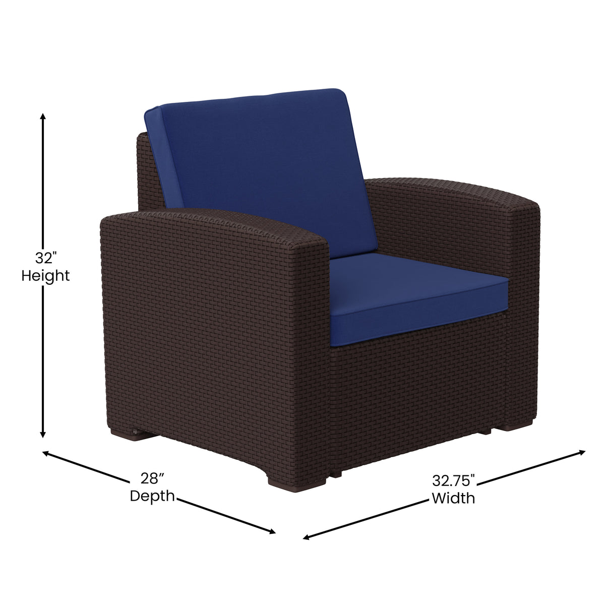 Brown/Navy |#| Chocolate Brown Faux Rattan Chair with All-Weather Navy Cushion