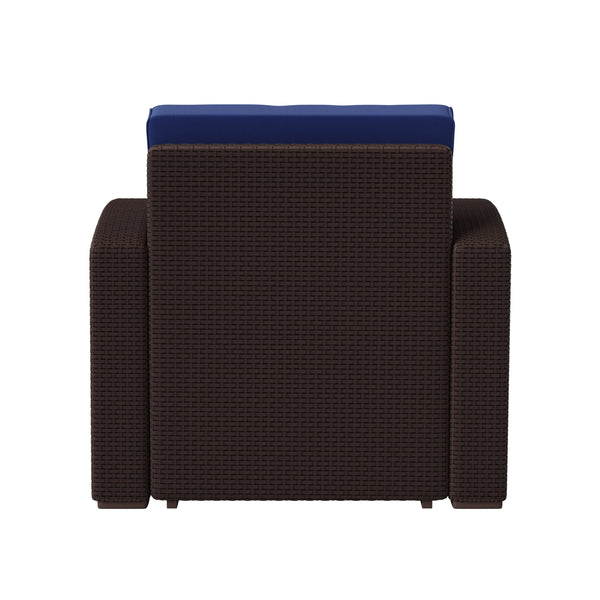 Brown/Navy |#| Chocolate Brown Faux Rattan Chair with All-Weather Navy Cushion