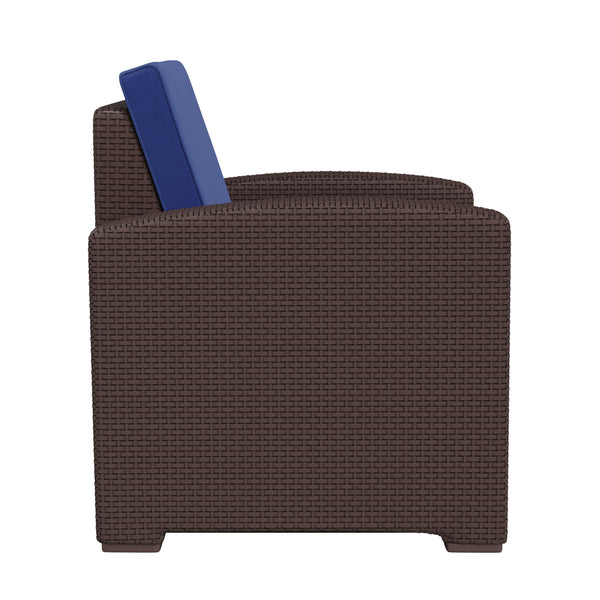 Brown/Navy |#| Chocolate Brown Faux Rattan Chair with All-Weather Navy Cushion