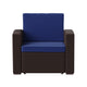 Brown/Navy |#| Chocolate Brown Faux Rattan Chair with All-Weather Navy Cushion