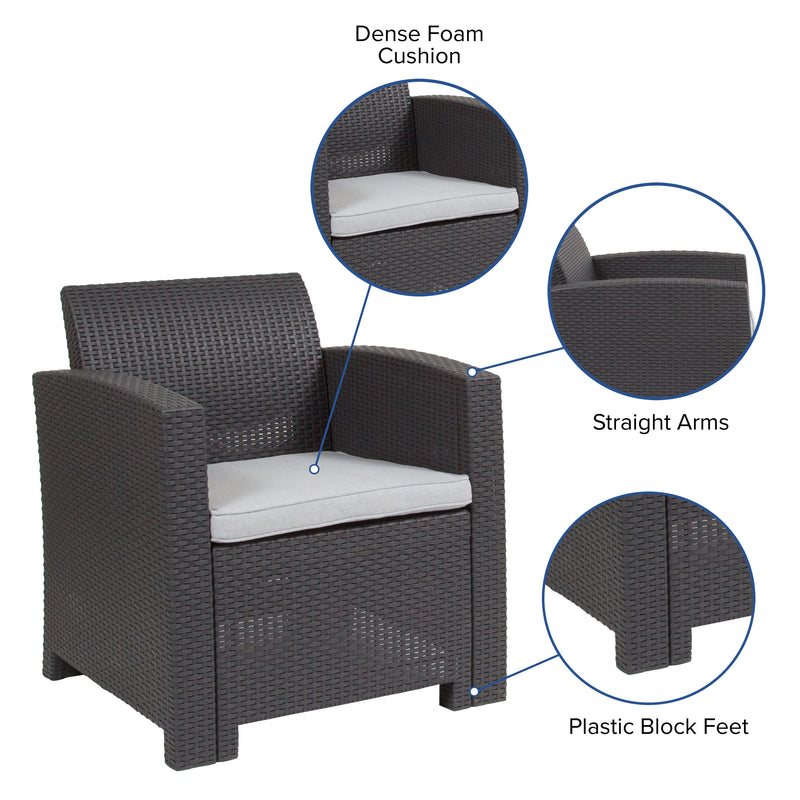 Dark Gray |#| Dark Gray Faux Rattan Chair with All-Weather Light Gray Cushion - Patio Chair