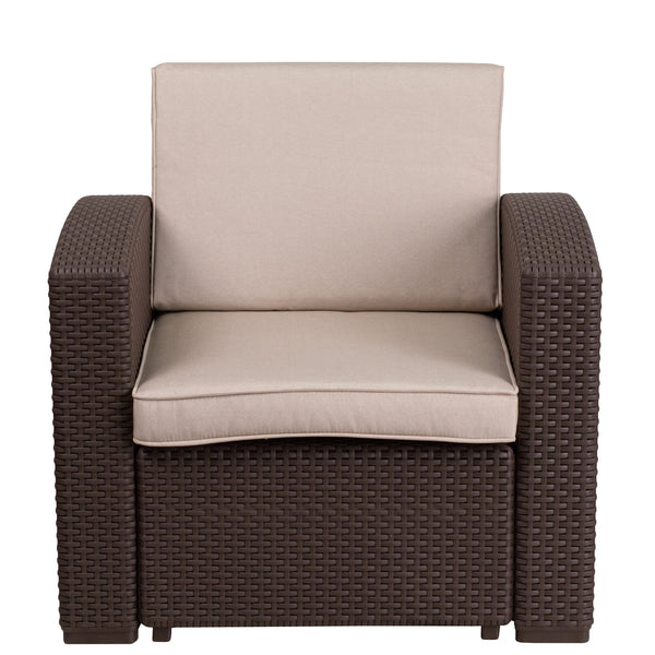 Chocolate Brown |#| Chocolate Brown Faux Rattan Chair with All-Weather Beige Cushion