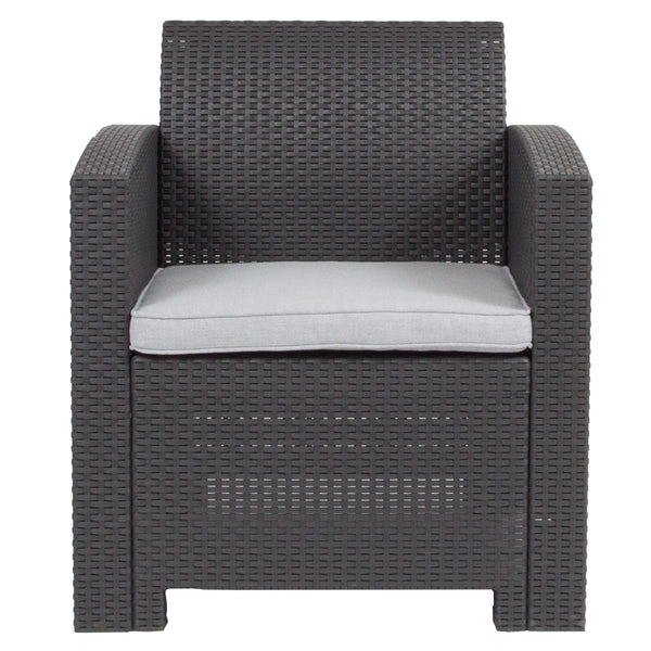 Dark Gray |#| Dark Gray Faux Rattan Chair with All-Weather Light Gray Cushion - Patio Chair
