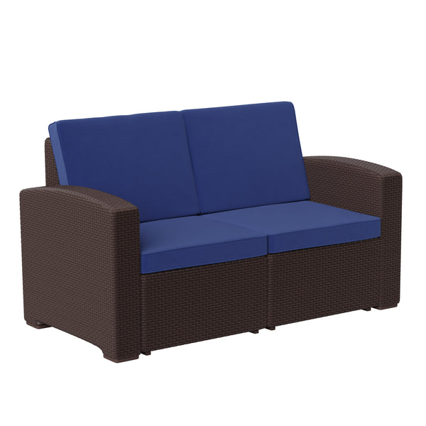 Brown/Navy |#| Chocolate Brown Faux Rattan Loveseat with All-Weather Navy Cushions