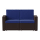 Brown/Navy |#| Chocolate Brown Faux Rattan Loveseat with All-Weather Navy Cushions