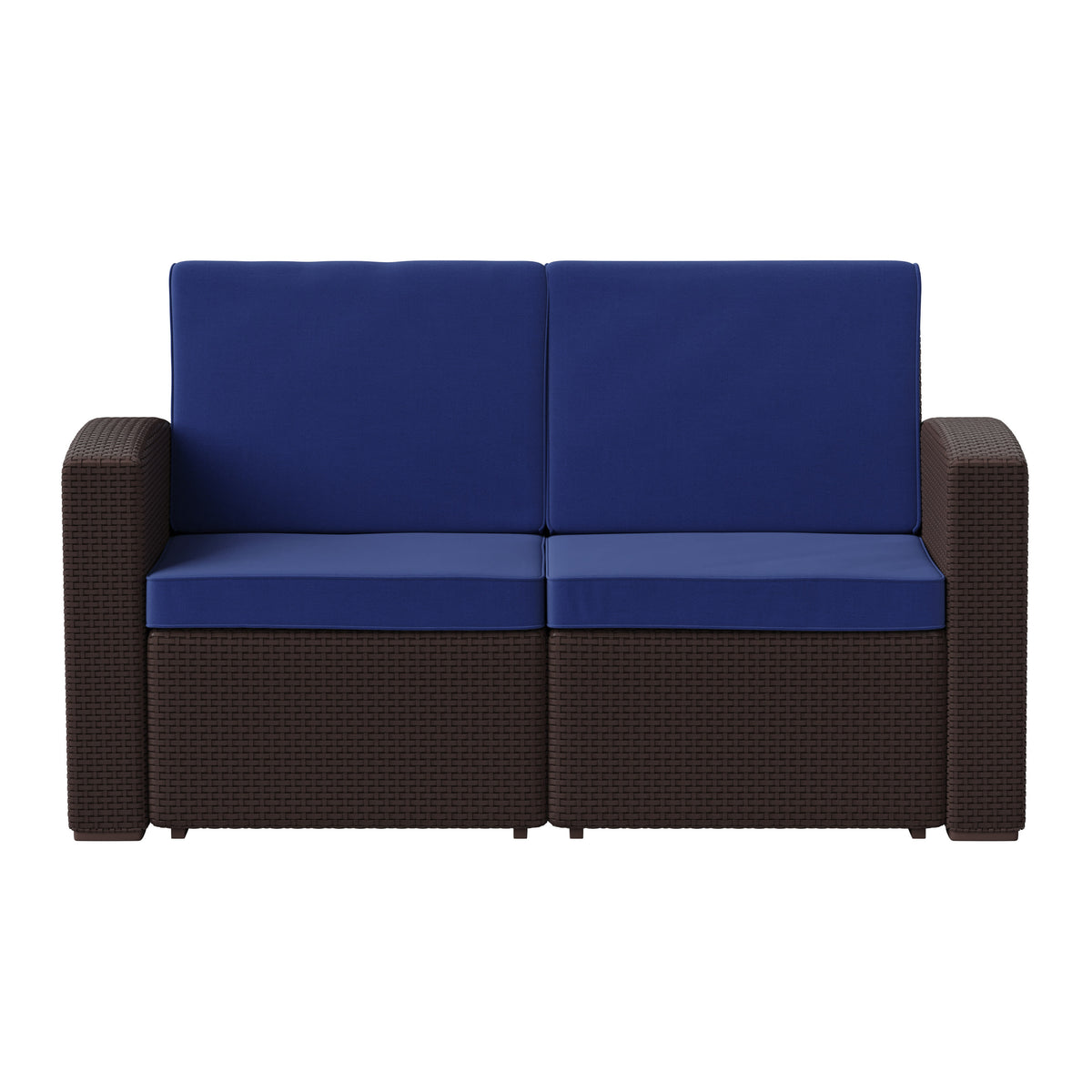 Brown/Navy |#| Chocolate Brown Faux Rattan Loveseat with All-Weather Navy Cushions