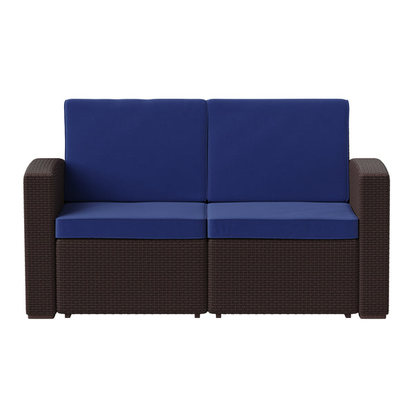 Brown/Navy |#| Chocolate Brown Faux Rattan Loveseat with All-Weather Navy Cushions