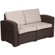 Chocolate Brown |#| Chocolate Brown Faux Rattan Loveseat with All-Weather Beige Cushions