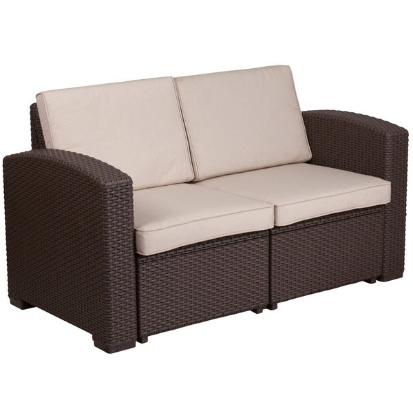 Chocolate Brown |#| Chocolate Brown Faux Rattan Loveseat with All-Weather Beige Cushions