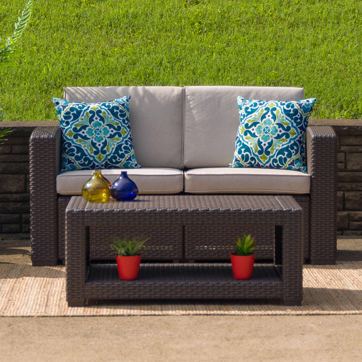 Chocolate Brown |#| Chocolate Brown Faux Rattan Loveseat with All-Weather Beige Cushions