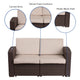Chocolate Brown |#| Chocolate Brown Faux Rattan Loveseat with All-Weather Beige Cushions