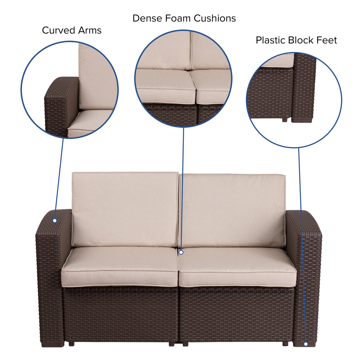 Chocolate Brown |#| Chocolate Brown Faux Rattan Loveseat with All-Weather Beige Cushions
