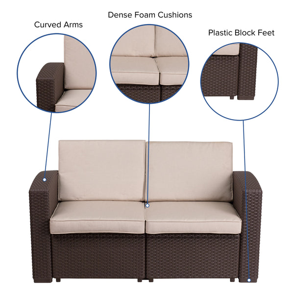 Chocolate Brown |#| Chocolate Brown Faux Rattan Loveseat with All-Weather Beige Cushions